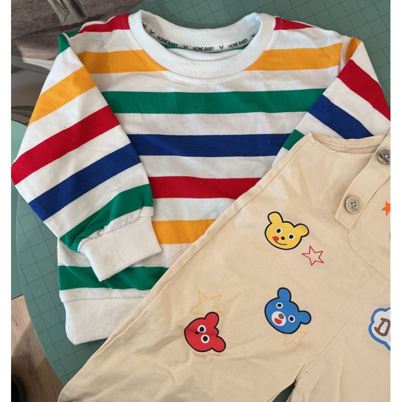 Ensemble enfant t-shirt rayé + salopette coton style cartoon