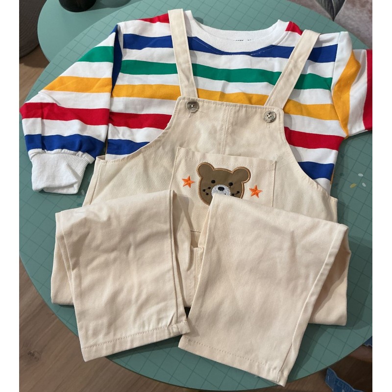 Ensemble enfant t-shirt rayé + salopette coton style cartoon